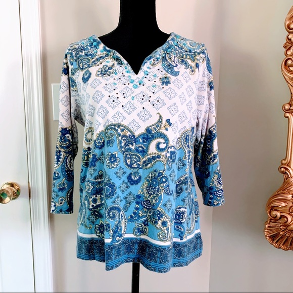 Rafaella Paisley Top Blue 3/4 Sleeve Large Petite - Picture 9 of 9